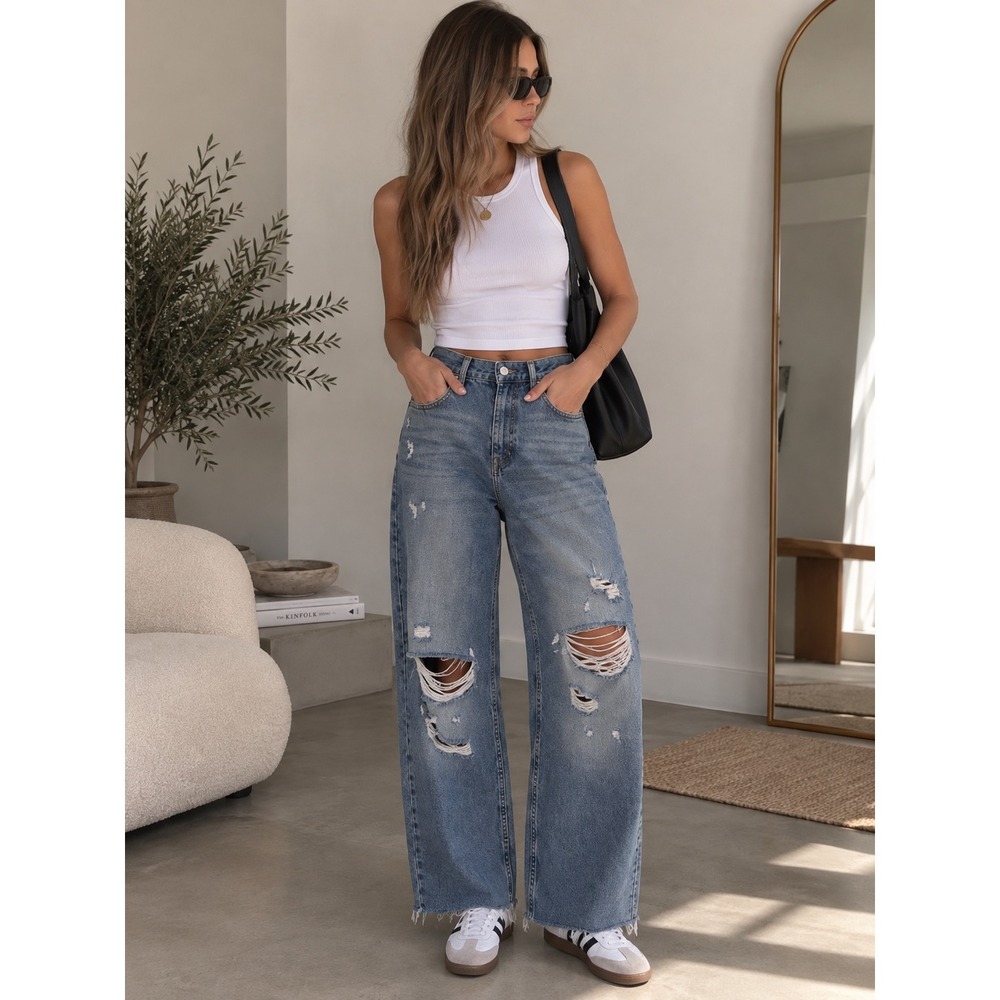 Zara The 90's Full Length Wide Leg Jeans Distressed Medium Wash Sz 8